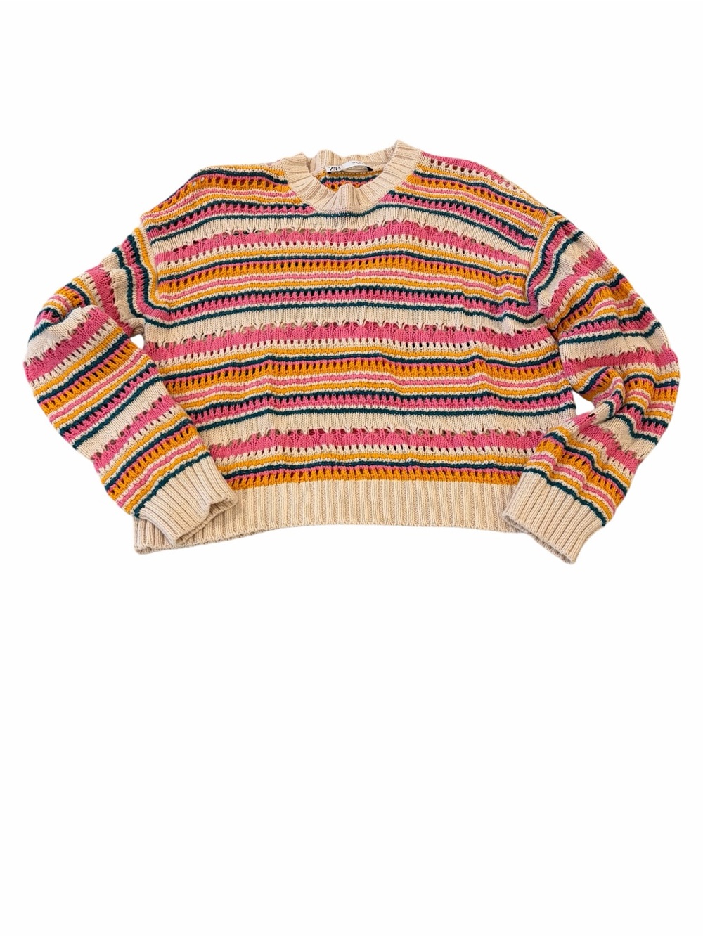 Zara Knit Striped Cotton Sweater Medium Pink Multicolor Open Knit‎ EUC Boho